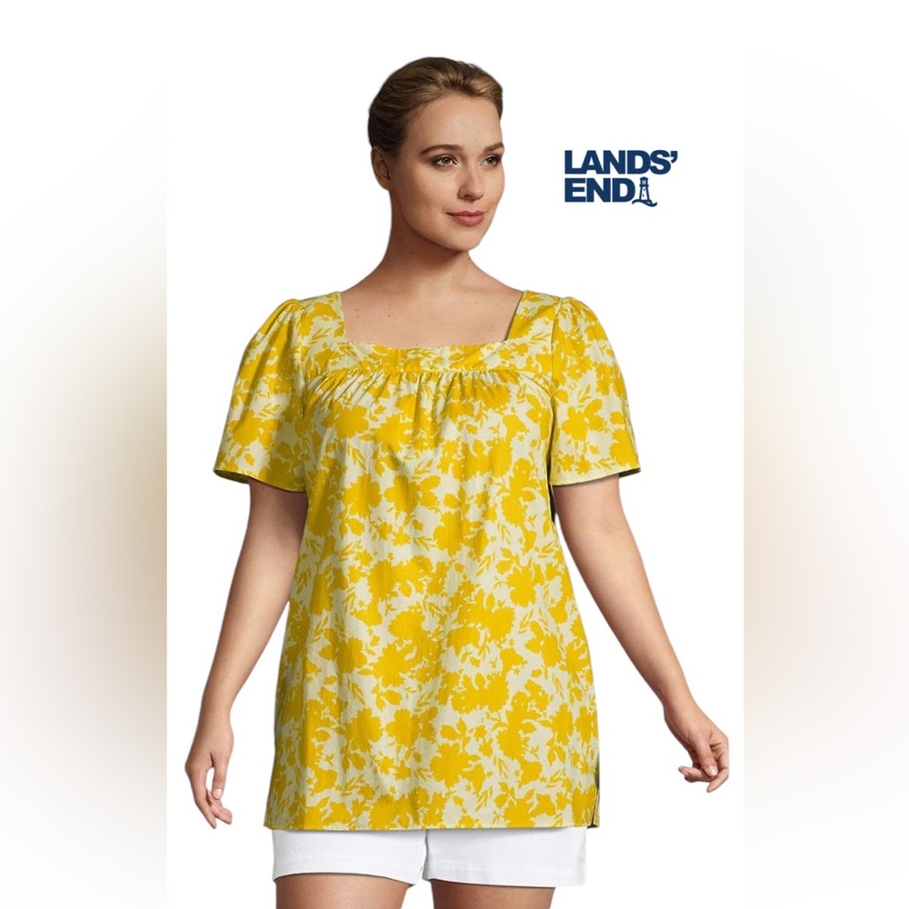 Lands’ End EUC Floral Poplin Peasant Top Yellow 2x